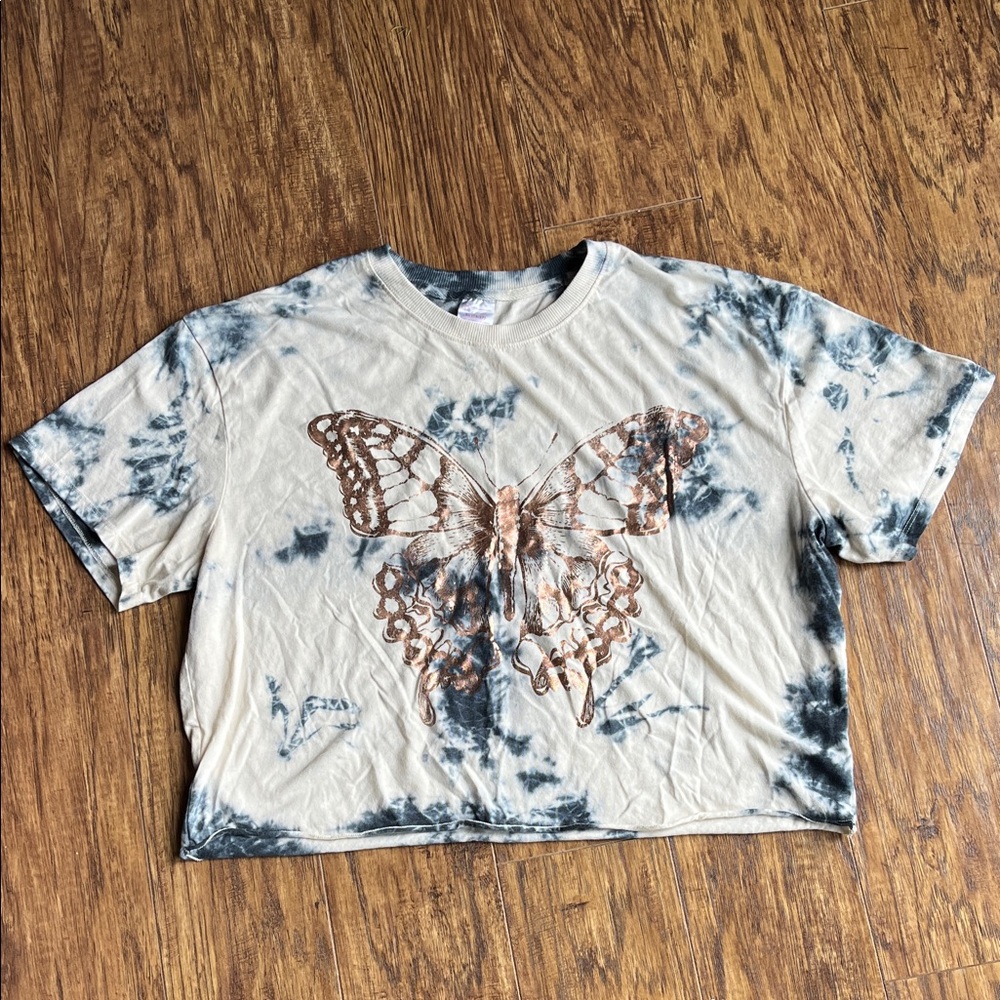 No Boundaries Tie-Dye Butterfly Crop Top - Cream, Black, Copper